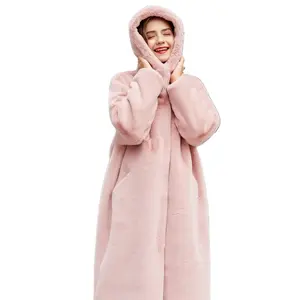 Factory Direct Price Fashionable Pattern Long Coat Elegant Women's Fur Hooded Rabbit Fur Jacket