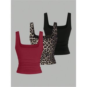 FOXA Women's Crop Tank Top <b>Set</b> <b>Square</b> Neck Sleeveless Ruched Basic Tops Pack 3 Piece Y2k Style - Product Image 2