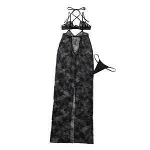 Robe longue en dentelle à bretelles croisées, style lingerie, avec découpes et transparence, noire, tailles S-L - Product Image 5