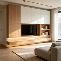 Meuble TV mural courbé en chêne crème chaud, avec éclairage LED, idéal pour les projets de rénovation de salons courbes