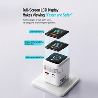 Chargeur rapide GaN 70W 3 en 1 avec écran TFT intelligent, adaptateur secteur USB A/C et câble USB-C rétractable pour ordinateur portable, téléphone, tablette et montre