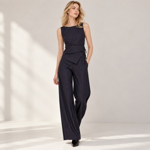 Women Pinstripe two piece sleeveless neck <b>top</b> <b>and</b> wide leg <b>trousers</b> elegant ladies suit - Product Image 2