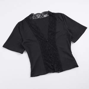 T-shirt court moulant rose à col en V et manches courtes avec dentelle et boutons décoratifs pour femme, idéal pour les soirées estivales et les clubs - Product Image 6