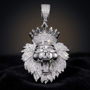 Lion Head <b>Crown</b> Pendant With Moissanite Inlay 925 <b>Silver</b> Hiphop Men's Themed Charm - Product Image 2