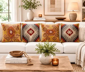 Funda de Cojín Vintage Azteca Kilim Hecha a Mano de Lana, Yute y Algodón, Estilo Tribal Bohemio del Suroeste, Adorno Rústico para Sofá y Hogar - Product Image 1