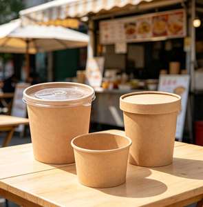 Round Disposable Kraft Porridge Bucket With Paper Lid Biodegradable Food Grade Soup Takeaway <b>Cup</b> Camping Microwave Safe - Product Image 1