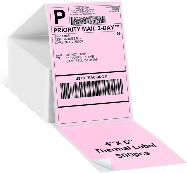 Recyclable 4" X 6" Pink Perforated Direct Thermal Address Shipping Thermal Printer Compatible Fan Fold 4x6 Label