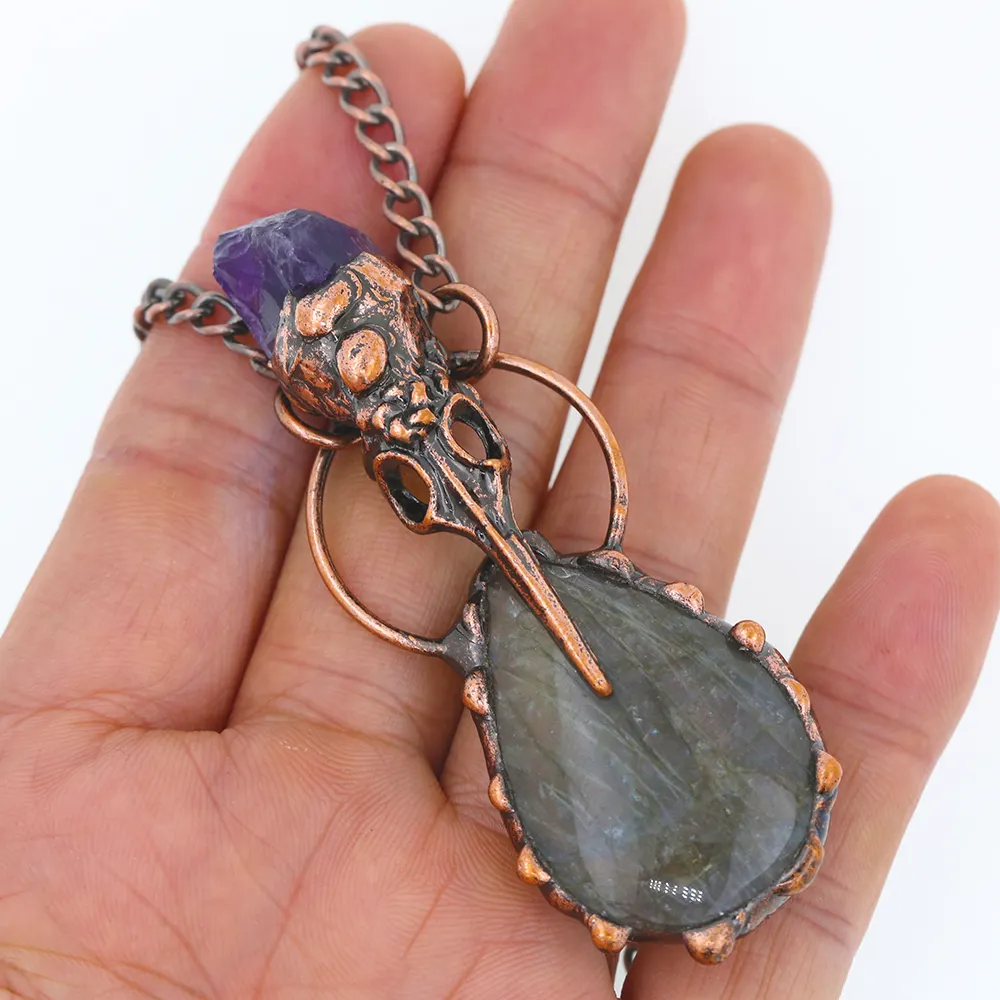 Медная цепочка с античным покрытием, ожерелье с подвеской из необработанного аметиста и блестящего камня