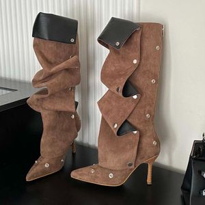 Luxury Denim Fashion Botas De Dama Party <b>Shoes</b> Stiletto Heel Knee High Women's Half Boots - Product Image 3