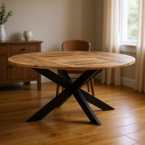 <b>Dining</b> <b>Table</b> <b>Round</b> Brown Rough Mango Wood Top Powder Coated Steel Frame Modern <b>Industrial</b> Home Furniture - Product Image 2