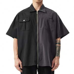 Custom Double <b>Pocket</b> <b>Shirts</b> for <b>Men</b> Zip up Collar <b>Shirt</b> Short Sleeve Two Tone Zipper <b>Shirt</b> - Product Image 5