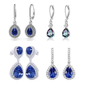 Stunning Classic 18K White Gold Plated Lab Created Blue Tanzanite Cz Triangle Pear Cut Drop Halo Dangle Earrings For Women