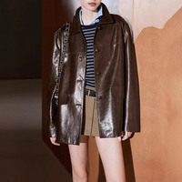 Manteau trench en cuir d'agneau véritable ciré, couleur chocolat, boutonné devant, coupe ample, pour femme