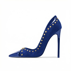 Nouveau à la mode femmes bout pointu talons hauts PU et <span class=keywords><strong>Faux</strong></span> daim mixte découpe conception Rivet décor soirée pompes - Product Image 3