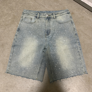 OEM ODM Denim Shorts Double Vintage Distressed Blank Cargo Loose Baggy Denim Jeans Shorts Acid Washed Faded Rhinestone Jorts - Product Image 2