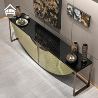 Table console de luxe en onyx avec panneau en pierre semi-circulaire, structure métallique, couleur personnalisable, pour entrée et salon de villa, mobilier haut de gamme