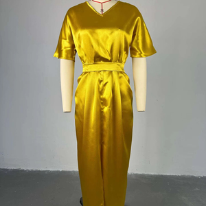 Wholesale Elegant <strong>Dress</strong> for <strong>Women</strong> Asymmetrical V-neck Short-sleeve High-waisted One-step Slit Long Skirt - Product Image 4