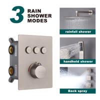 Robinetterie de salle de bain thermostatique en laiton à double poignée encastrée, ensemble de douche pluie mural avec douchette latérale pressurisée intégrée