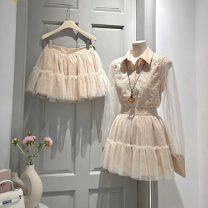 Conjunto de Blusa de Encaje Vintage y Falda de Tul, Conjunto de Shorts, Cuello Camisero, Manga Larga, Atuendo Ligero de Poliéster - Product Image 1