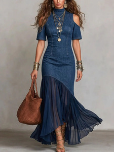 Denim <strong>Maxi</strong> <strong>Dress</strong> Women <strong>Cold</strong> <strong>Shoulder</strong> Short Sleeve Chiffon Patchwork Bodycon Mermaid <strong>Dress</strong> - Product Image 1