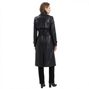 Gabardina Negra de Cuero Genuino Ecológico de Secado Rápido, Doble Botonadura, con Cinturón, Largo Midi, Ropa Exterior para Mujer, Otoño-Invierno - Product Image 5