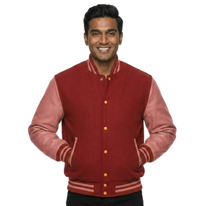 Men's <b>Red</b> Varsity Jacket Gold Leather Sleeves Turn-down Collar Button Closure Preppy Style Autumn Wear - Product Image 1