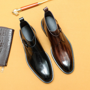 Bottes à bride monacale pour hommes en cuir véritable, bout rond, semelle extérieure en caoutchouc, chaussures habillées unies toutes saisons pour le travail, vente en gros - Product Image 2