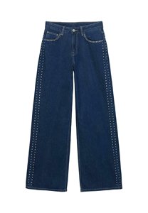 Jeans da donna alla <span class=keywords><strong>moda</strong></span> 2026 a <span class=keywords><strong>vita</strong></span> <span class=keywords><strong>bassa</strong></span>, larghi e casual, con borchie laterali, in denim blu scuro, a gamba larga, lavabili - Product Image 2