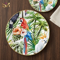 Service de table en céramique à motif aquarelle de perroquet tropical avec bordure dorée pour mariage, fête et décoration de table à domicile