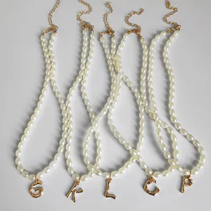 Simple White Oval Imitation Pearl Beads Necklace For Women Golden Bamboo Letters Baroque Pearls Choker Necklaces Trendy Jewelry