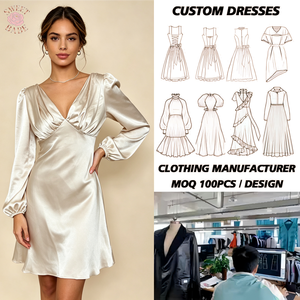 Women Satin Mini <b>Dress</b> Deep V Neck Puff Long Sleeve <b>Elastic</b> Cuff Ruched Bust Flared Hem Elegant <b>Dress</b> - Product Image 1