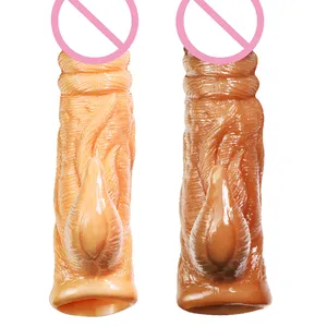 Kondom pria cair silikon penunda ejakulasi pria Dildo realistis kondom dapat digunakan kembali lengan ekstender Penis dengan Vibrator