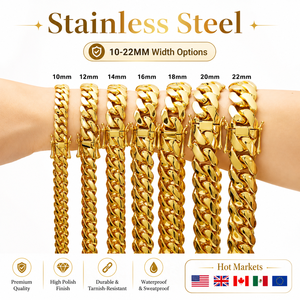 Collier tendance pour homme en acier inoxydable plaqué or, maillons géométriques Miami, étanche et inaltérable, 10-22MM, vente en gros - Product Image 1