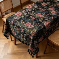 Nappe carrée de luxe exquise en jacquard floral tissé, motif peinture à l'huile, bordure à pompons, lourde, lavable, style rétro, pour décoration intérieure