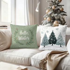 Merry Christmas and Hello Winter themed decorative pillows with vintage truck and snowy trees design - Product Image 4