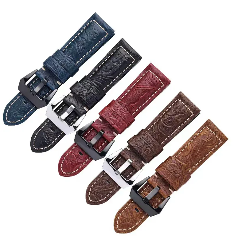Vintage Leather Carved Embossed Watchbands 20mm 22mm for Panerai Fossil Men Wrist Watch Bracelet Handmade Leather Watch Strap