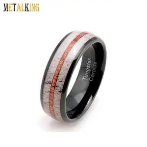 8mm Black Tungsten Carbide Rings for Men Women Wedding Bands Deer Antler Koa Wood Inlay Comfort Fit