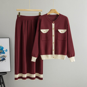Ensemble deux pièces en tricot anti-rides de style coréen pour l'automne et l'hiver, jupe mi-longue plissée, ample, élégante, avec poches, pour femmes, 0942 - Product Image 4