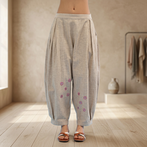 Women's High Waist <b>Harem</b> Pants | Casual Loose Fit Balloon <b>Trousers</b> with Embroidery & Pleated Design - Product Image 2