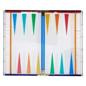 Caixa de acrílico transparente para backgammon com pontos de jogo incrustados, damas de acrílico, dados e cubo de duplicação