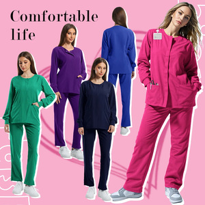 Women Hospital Scrub Suit Long Sleeve Two Piece Moisture Wicking Uniform For Nurse Dental Workwear Autumn Winter Wear - Product Image 3