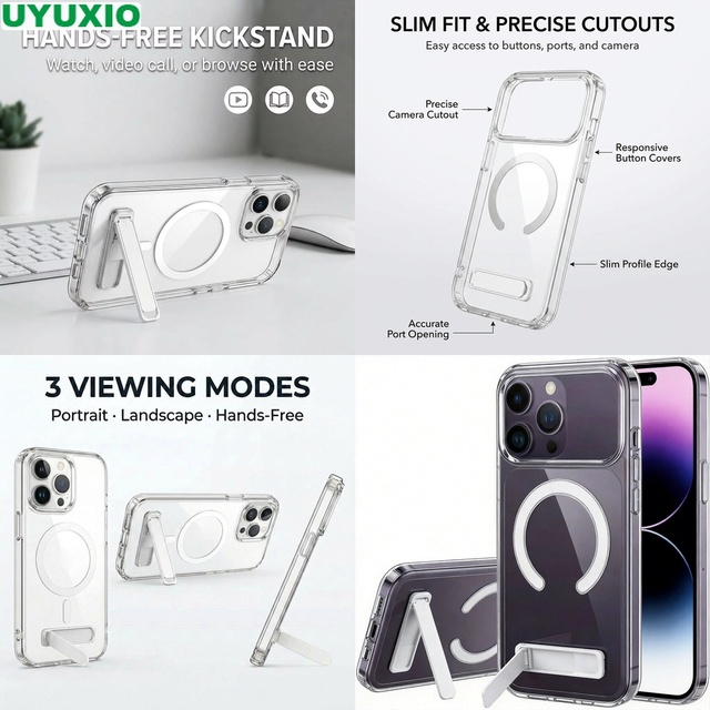 Reinforced Magnetic Kickstand Bumper Case for iPhone 15 Pro Max 17 16 14 13 12 11 12 Mini Anti-Scratch Clear Back Cover
