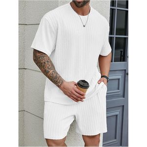 FOXA Men's 2 Piece Summer Outfit Textured T Shirt And Shorts <b>Set</b> Breathable Cotton <b>Knitted</b> Big And Tall - Product Image 3