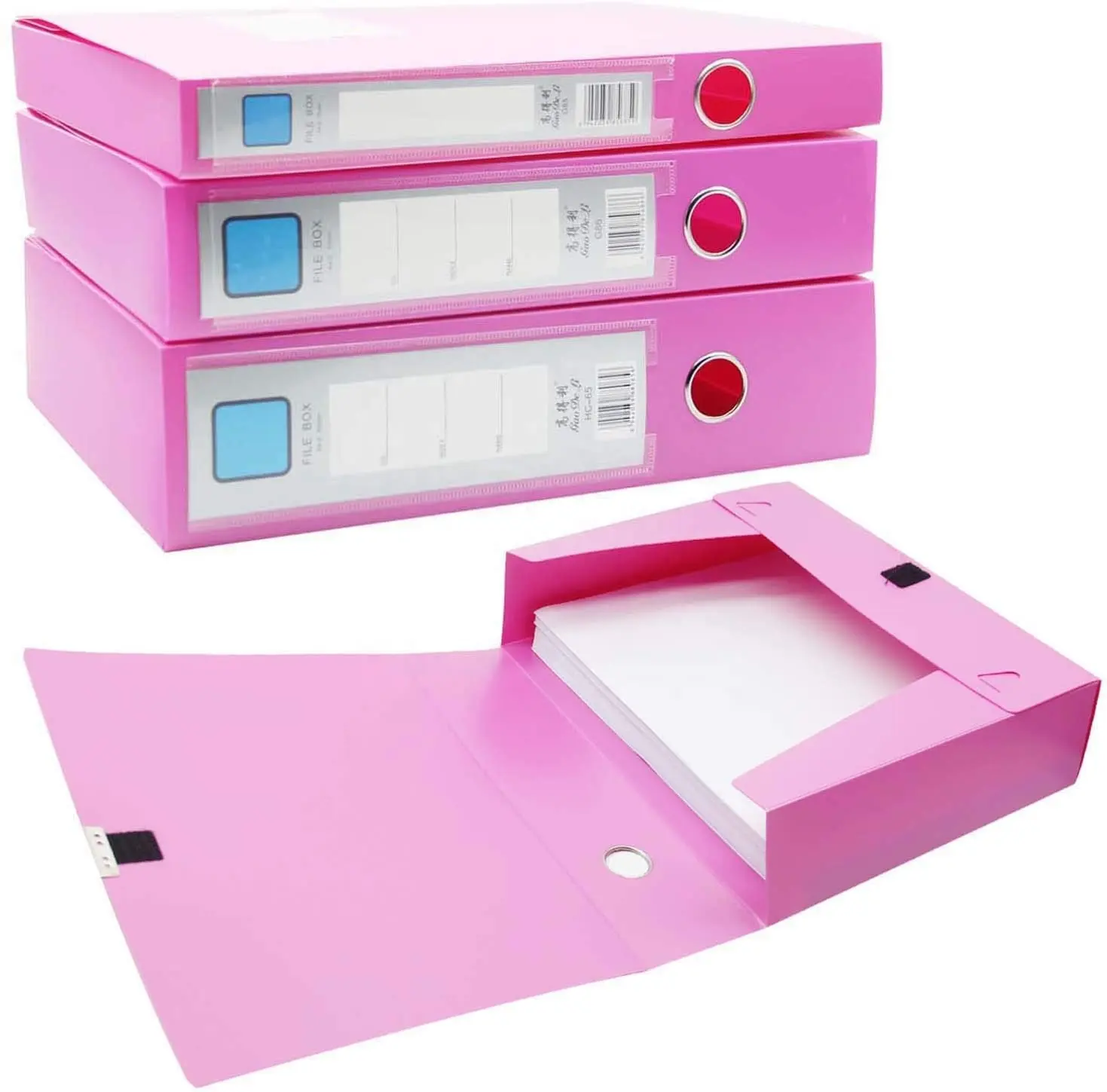 Boîte de rangement plastique PP, haute qualité, rose, pour dossiers des fichiers, avec bouton à colle magique