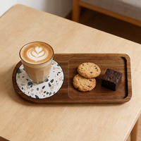 Maison Naturelle Vente en Gros Petit Rectangle en Bois d'Acacia pour Dessert Alimentaire Café Petit Déjeuner Plateau de Service avec Dessous de Verre en Diatomite