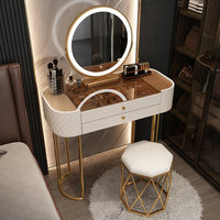 Nouvelle Table de Maquillage Moderne avec Miroir sur Pied, Plateau en Verre Trempé et Pieds Dorés, Table de Coiffure pour Chambre à Coucher avec Tiroir de Rangement