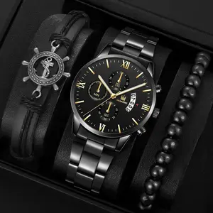 3 pz/set Set di braccialetti per orologi da polso, cinturino in acciaio inossidabile orologio al quarzo Set di bracciali in pelle nera per uomo