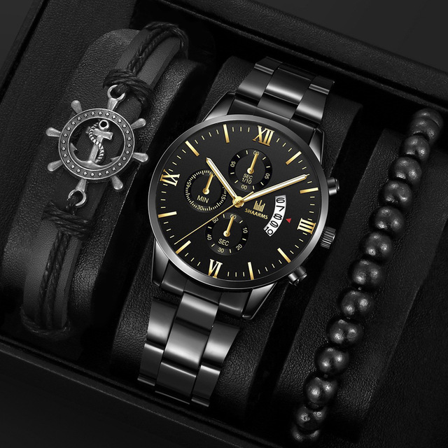 3 Pcs/Set Wrist Watch Bracelet Set, Stainless Steel Strap Quartz Watch Black Leather Bracelets Set for Men