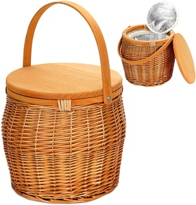 removable lid round wooden handles wicker willow picnic baskets