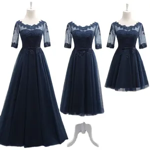 QUEENSGOWN baru gaun tulle biru dongker leher-o tanpa lengan setengah garis gaun pengiring pengantin harga murah